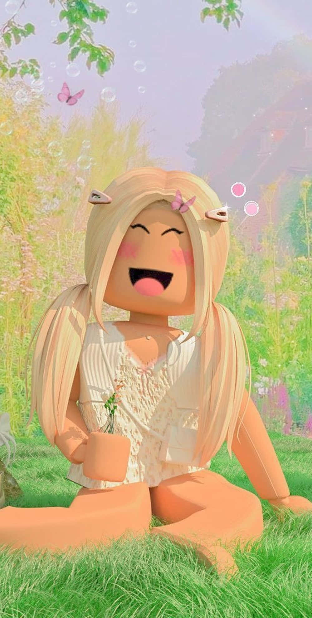 電玩遊戲 桌布 壁紙 — 一個快樂的Roblox頭像，金髮貓耳，坐在陽光明媚的草地上，手持花朵，周圍漂浮著泡泡。