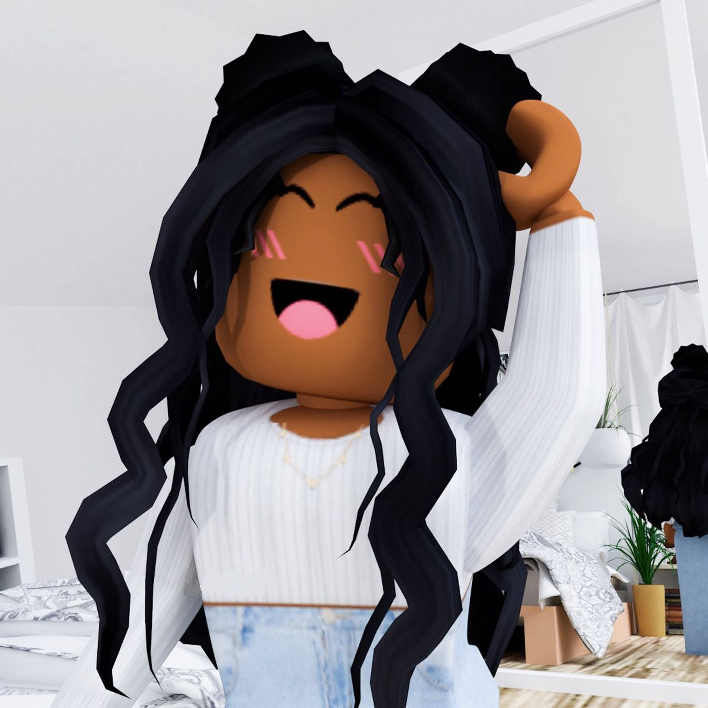 Roblox 女孩 桌布 壁紙 — 一個快樂的Roblox頭像，長長的黑髮，在明亮的極簡主義臥室裡笑著整理頭髮。