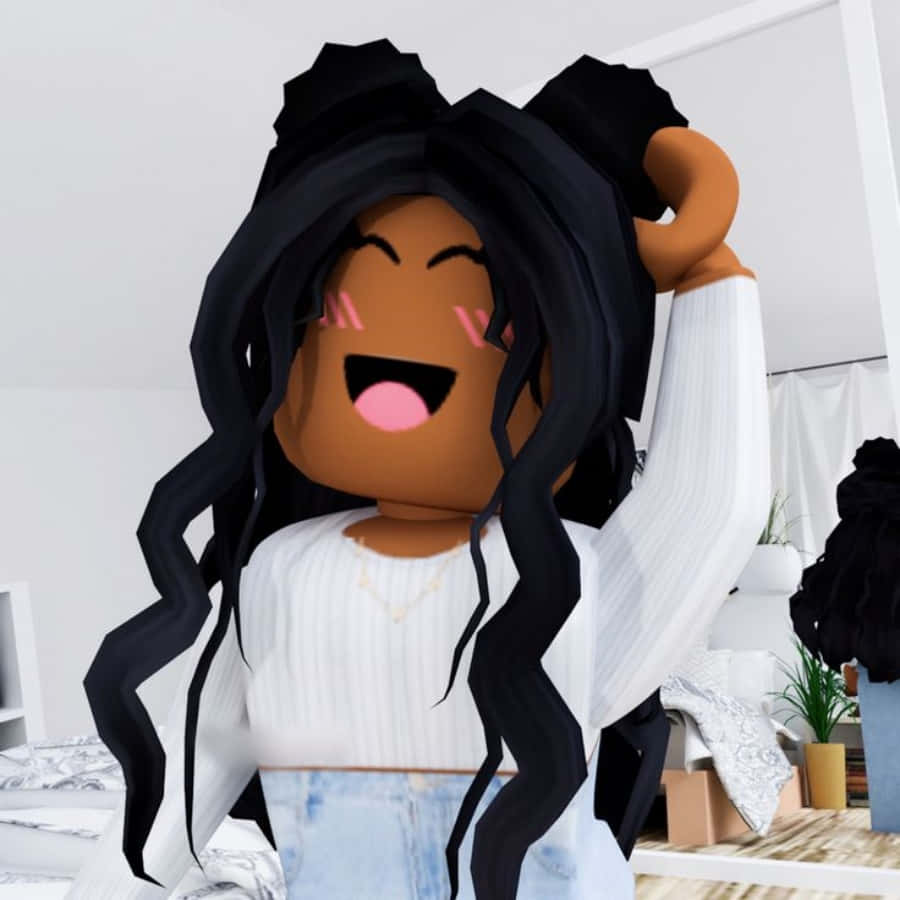 美學 Roblox 女孩 桌布 壁紙 — 一個快樂的Roblox頭像，長長的黑髮，在明亮的極簡主義臥室裡笑著整理頭髮。