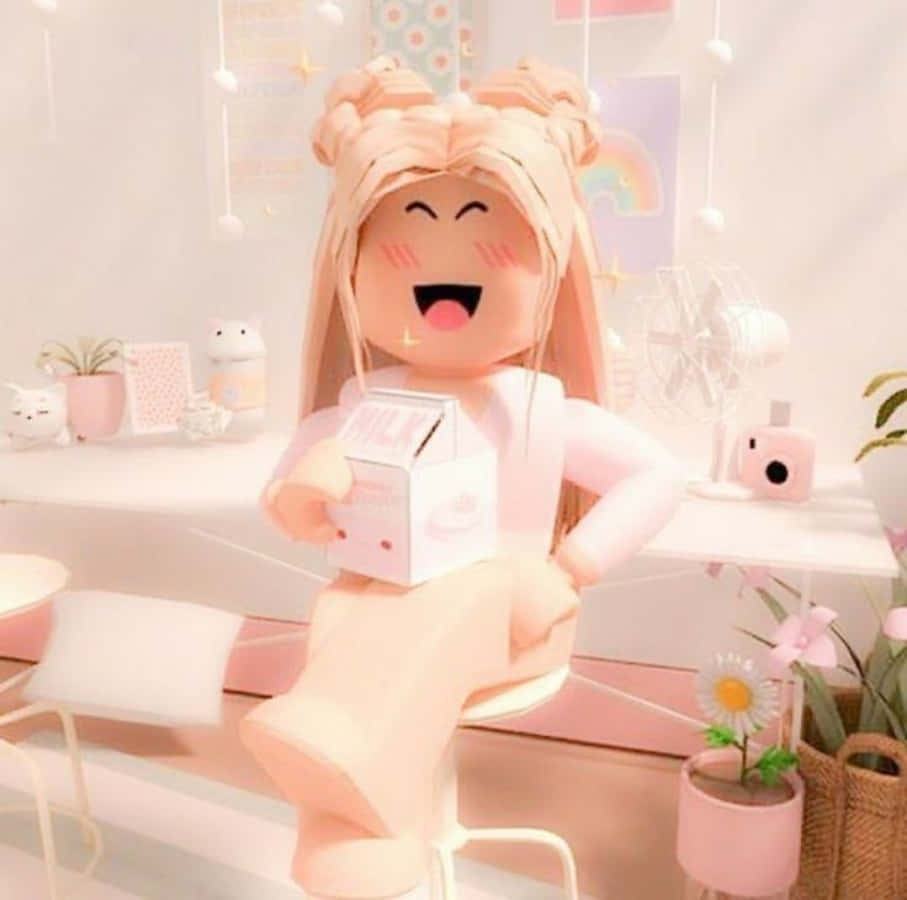 美學 Roblox 女孩 桌布 壁紙 — 一個快樂的Roblox頭像，雙丸子頭，坐在凳子上，拿著牛奶盒，在一個充滿植物和裝飾的粉彩粉紅色房間裡。