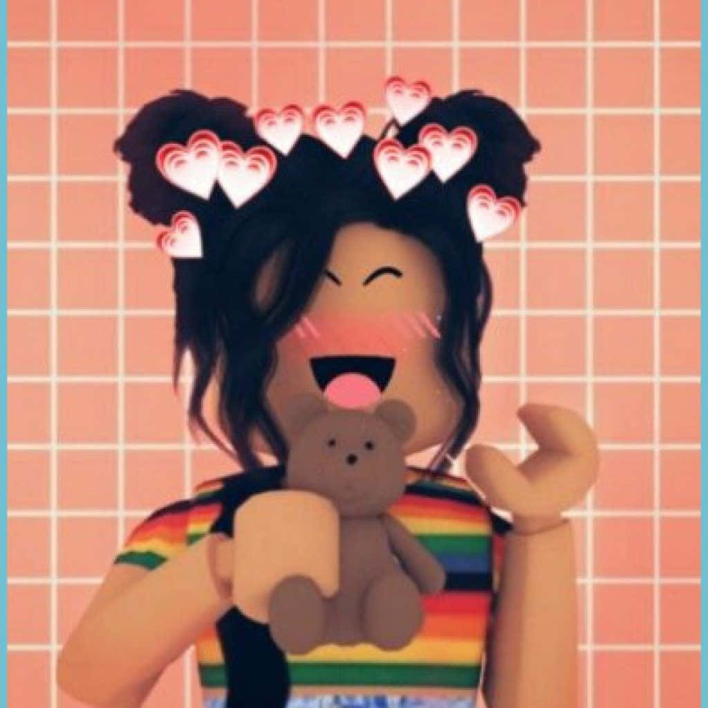 Roblox Aesthetic 桌布 壁紙 — 一個快樂的Roblox頭像，頭髮上有愛心表情符號，在粉紅色網格背景前抱著一隻泰迪熊。