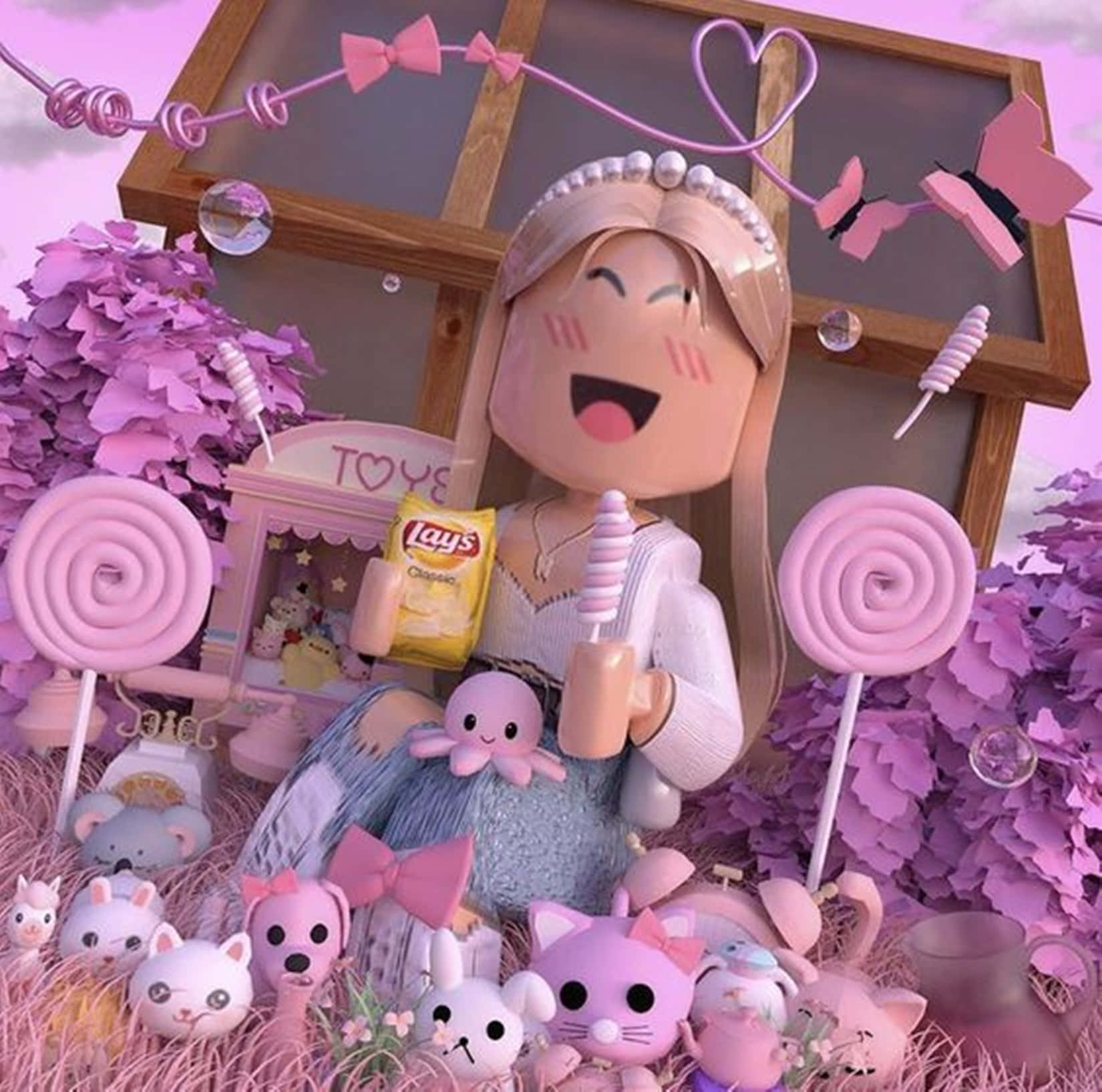 Roblox 桌布 壁紙 — 一個快樂的Roblox風格金髮女孩坐在一個夢幻的粉彩世界裡，周圍環繞著粉紅色棒棒糖、絨毛動物和一個玩具攤。