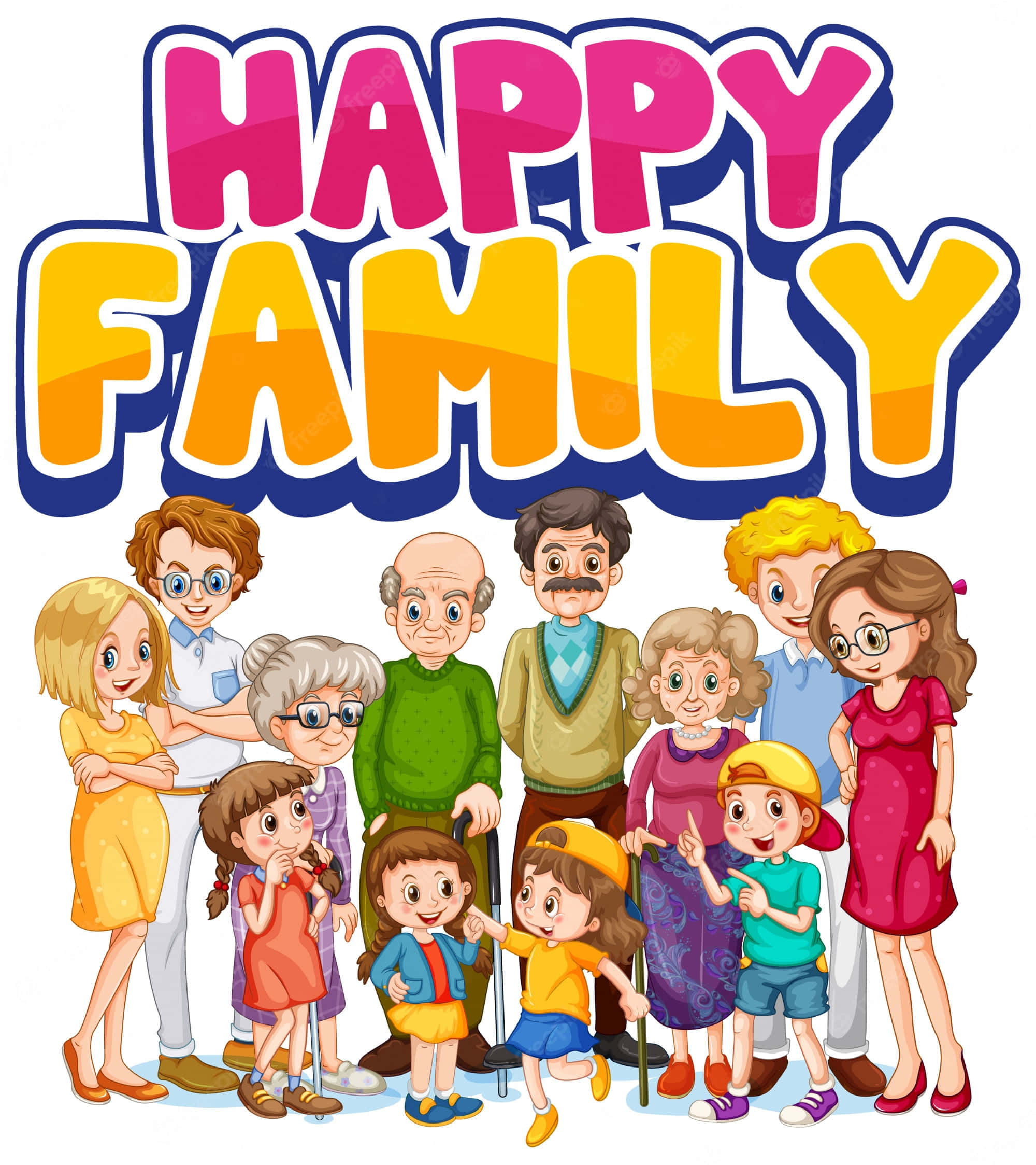 快樂 桌布 壁紙 — 一個快樂的九代卡通家庭在粗體「HAPPY FAMILY」文字下一起微笑。