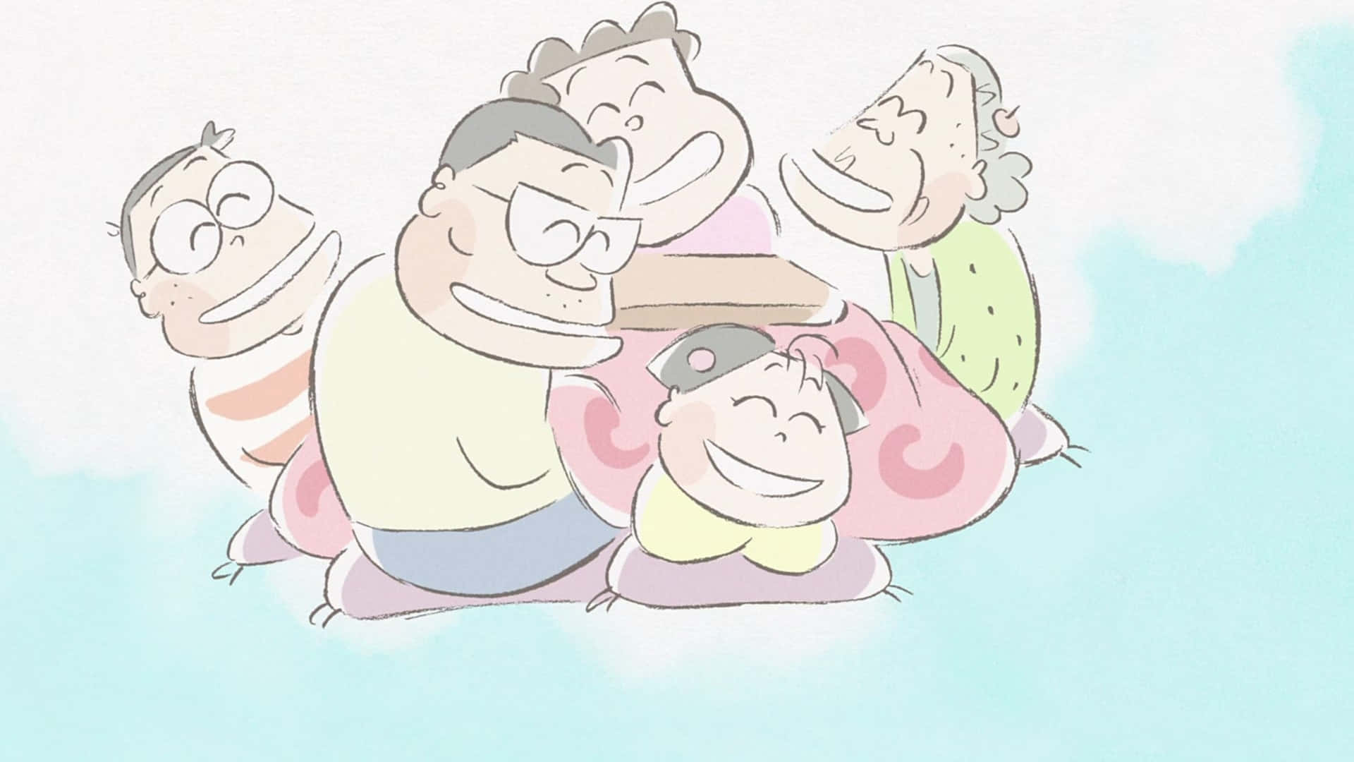 My Neighbors The Yamadas 桌布 壁紙 — 一個快樂的五人卡通家庭一起漂浮在柔和的粉彩天空中，所有人都帶著誇張的快樂表情咧嘴大笑。