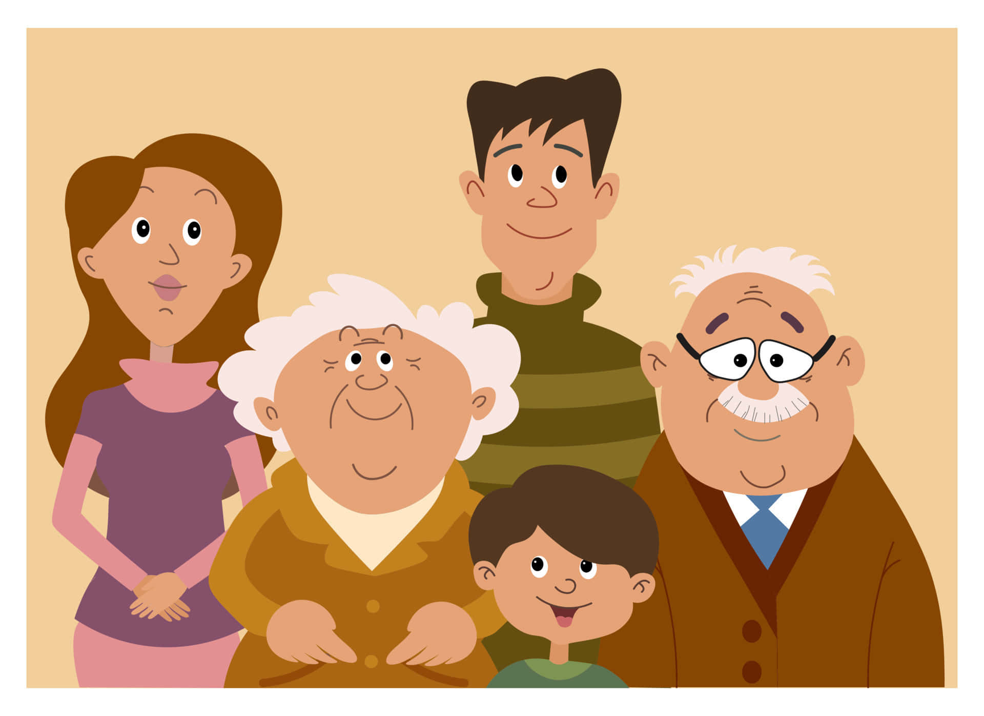 Family 桌布 壁紙 — 一個快樂的五人卡通家庭在純米色背景前一起擺姿勢，帶著溫暖的笑容。