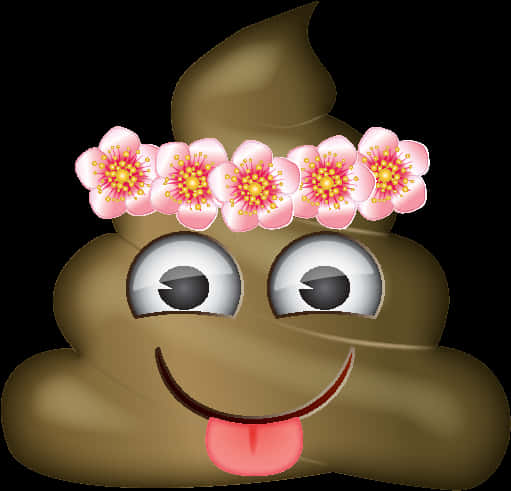 Clip Art 桌布 壁紙 — 一個快樂的便便表情符號，戴著粉紅色櫻花皇冠，在黑色背景上伸出舌頭。