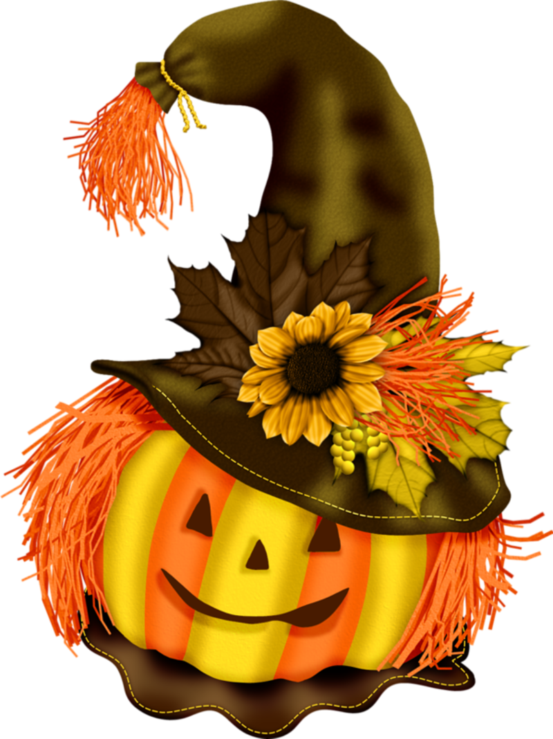 Pumpkin Halloween 桌布 壁紙 — 一個快樂的傑克南瓜燈，戴著裝飾有秋葉、向日葵和橙色流蘇的女巫帽。