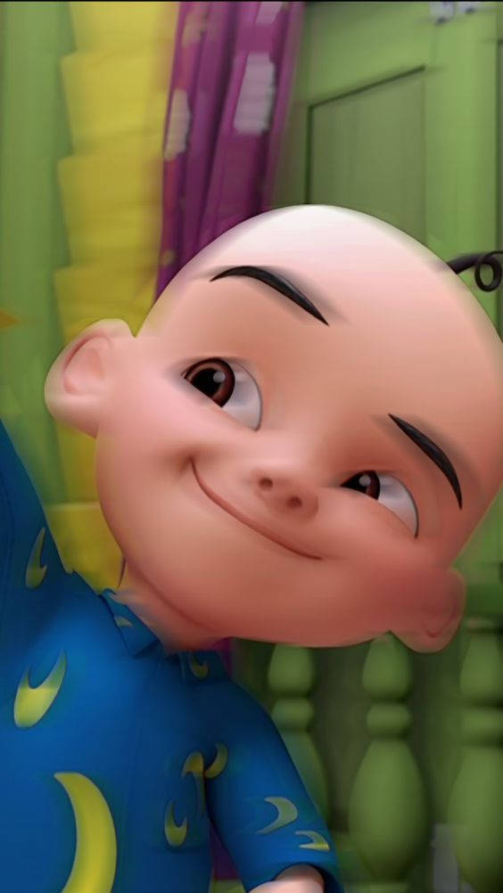 Cartoon 桌布 壁紙 — 一個快樂的光頭卡通嬰兒，濃眉，穿著帶有黃色月亮的藍色睡衣微笑。