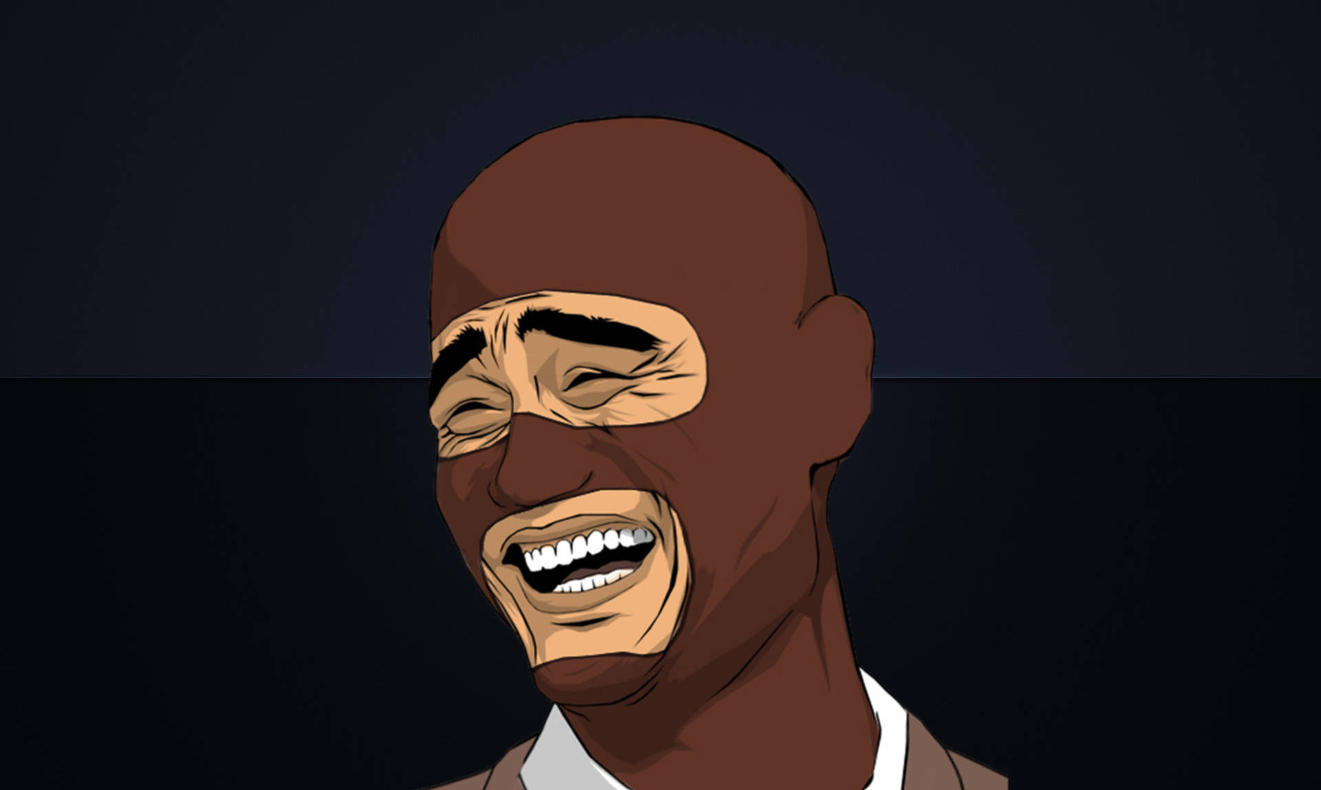 meme 桌布 壁紙 — 一個快樂的光頭男子，咧嘴大笑，眼睛瞇起，在深色分割背景前開懷大笑。