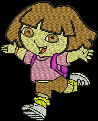 Dora 桌布 壁紙 — 一個快樂的刺繡卡通女孩，棕色頭髮，粉紅色襯衫，在黑色背景上快樂地奔跑。