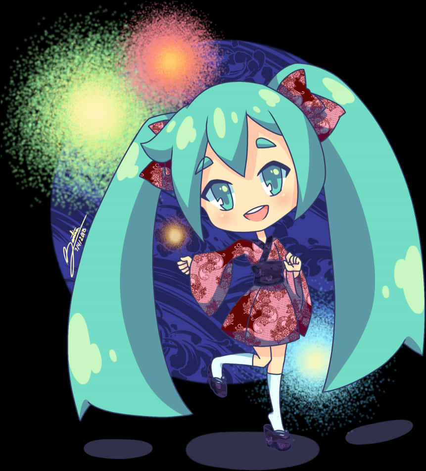 Kimono 桌布 壁紙 — 一個快樂的動漫女孩，扎著藍綠色辮子，穿著紅色和服，在帶有發光粒子的宇宙背景前跳舞。