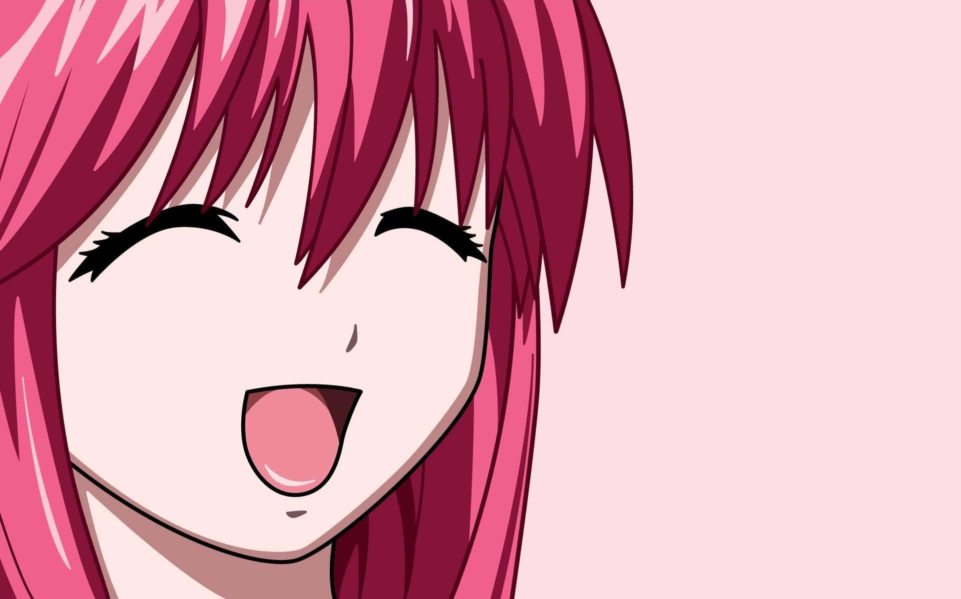 Elfen Lied 桌布 壁紙 — 一個快樂的動漫女孩，擁有充滿活力的粉紅色頭髮和閉上的眼睛，對著柔和的粉紅色背景張嘴大笑。
