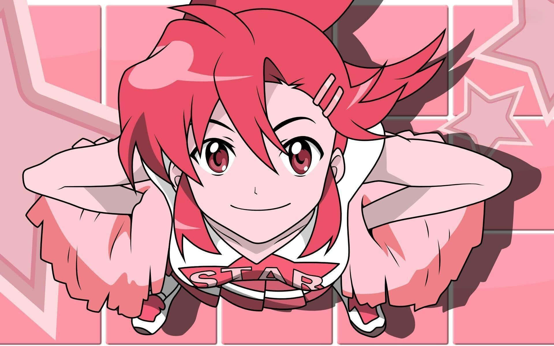 yoko littner 桌布 壁紙 — 一個快樂的動漫女孩，擁有尖刺的粉紅色頭髮和紅色眼睛，穿著粉紅色啦啦隊服裝，在星光燦爛的粉紅色背景下微笑。