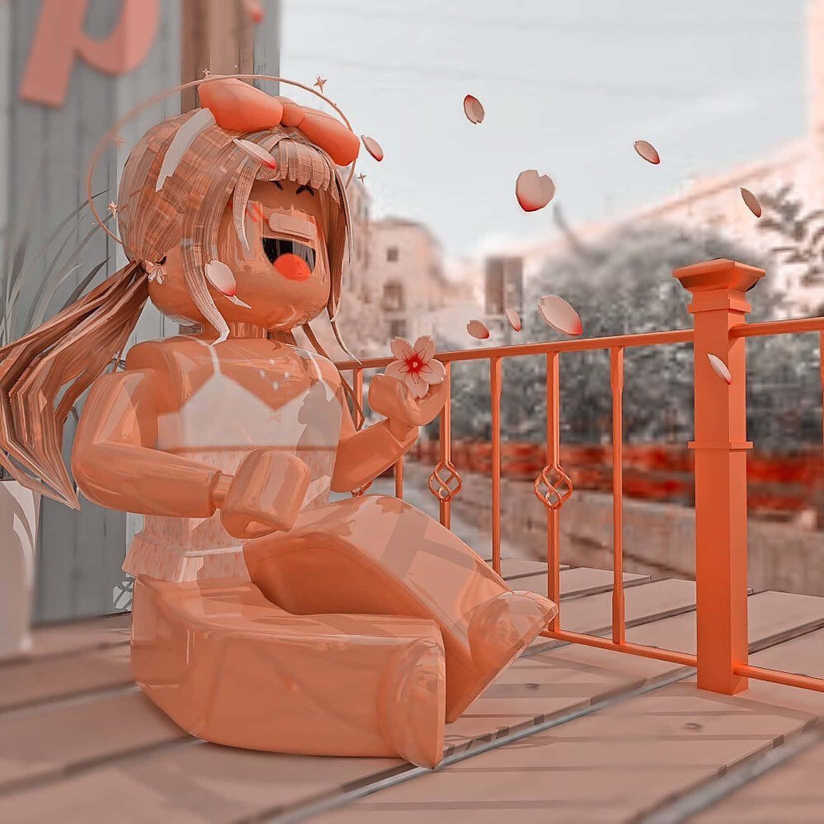 Roblox 桌布 壁紙 — 一個快樂的動漫女孩，桃色頭髮和蝴蝶結，坐在陽台欄杆上，笑著，櫻花瓣在她周圍飄浮，背景是暖色調的城市場景。