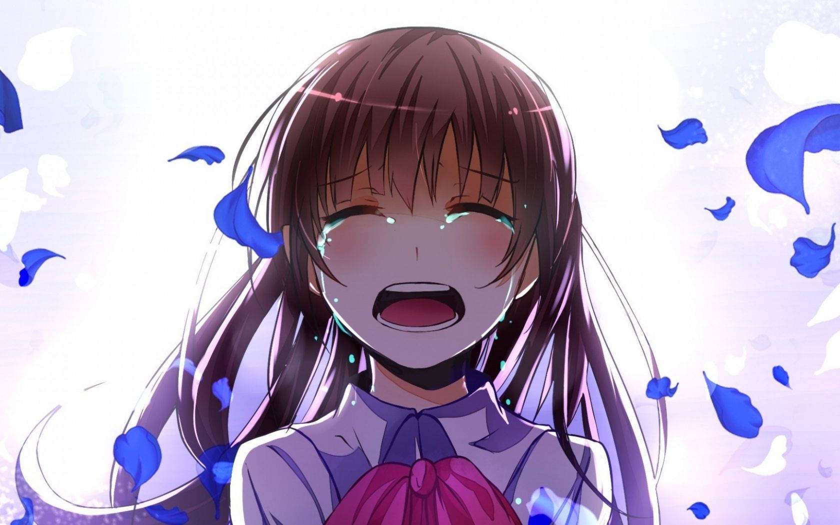 憂鬱少女美學 桌布 壁紙 — 一個快樂的動漫女孩，棕色頭髮，在明亮發光的背景中，藍色花瓣圍繞她旋轉，她含淚大笑。