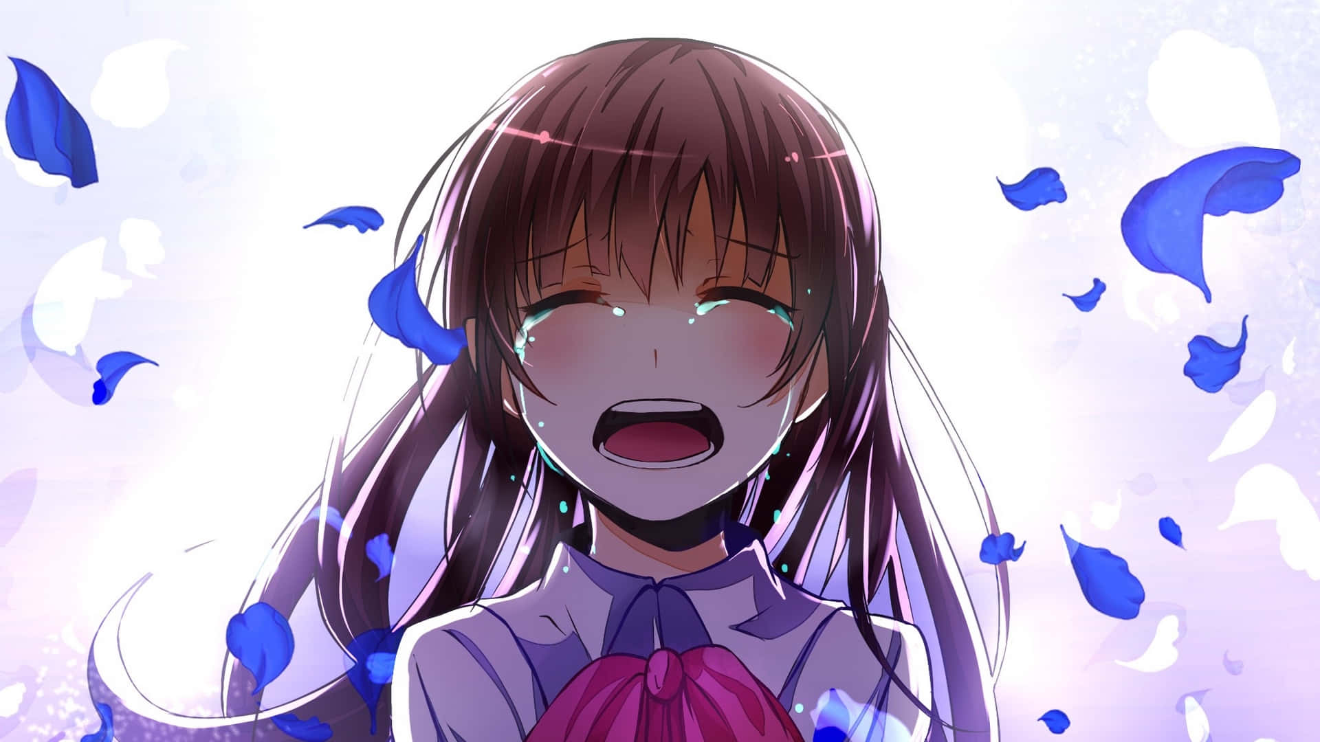 anime girl crying 桌布 壁紙 — 一個快樂的動漫女孩，棕色頭髮，在明亮發光的背景中，藍色花瓣圍繞她旋轉，她含淚大笑。