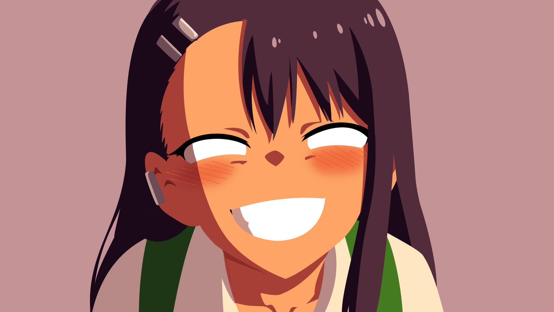 Nagatoro 桌布 壁紙 — 一個快樂的動漫女孩，深色頭髮和紅潤的臉頰，在柔和的粉紅色背景上開懷大笑。