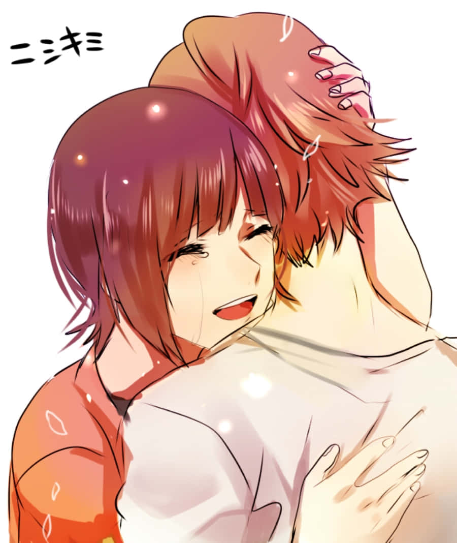 Nishiki Nishio 桌布 壁紙 — 一個快樂的動漫女孩，短紅髮，從後面擁抱一個男孩，閃爍的粒子在他們周圍漂浮。