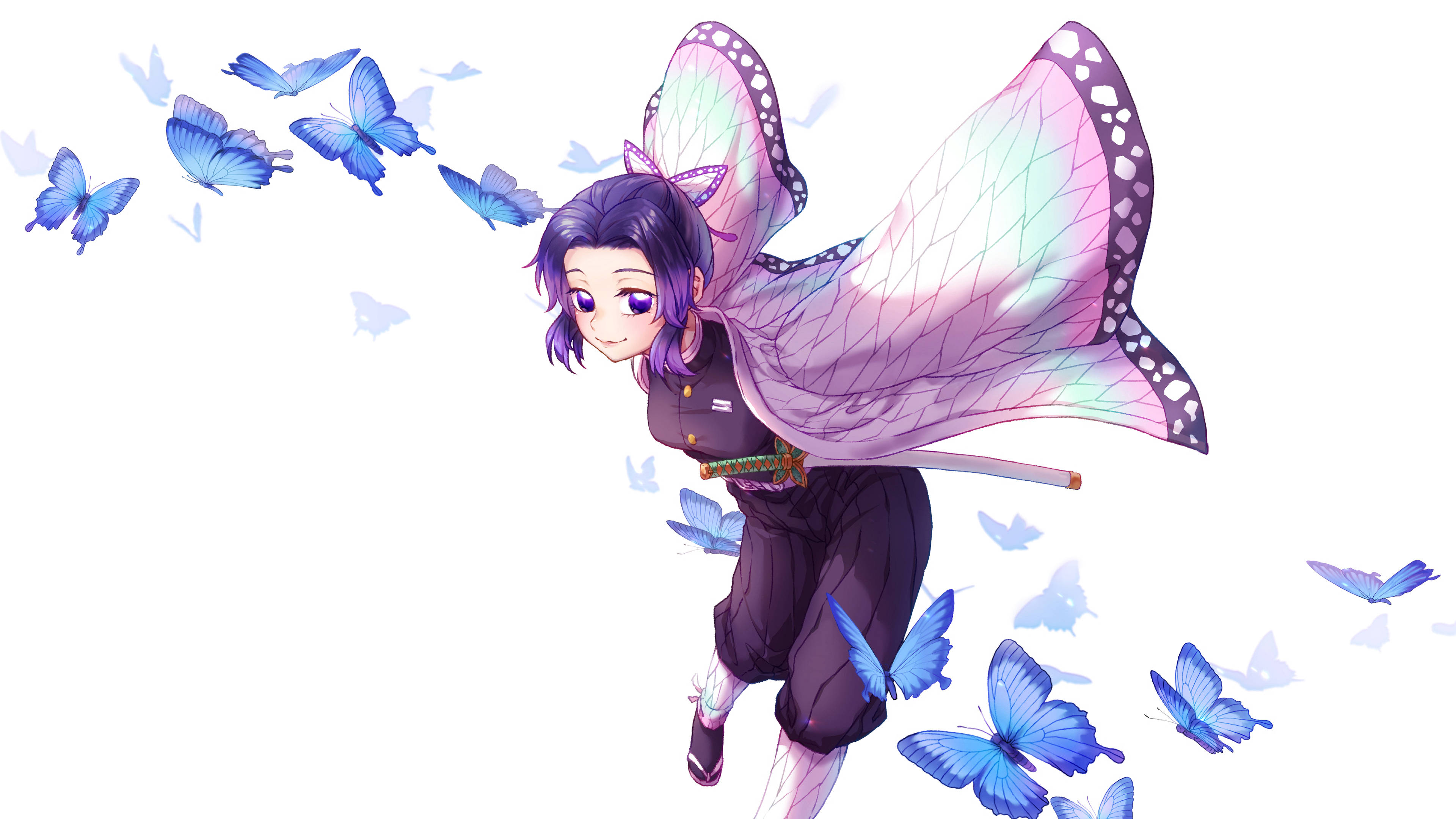 Shinobu Kocho 桌布 壁紙 — 一個快樂的動漫女孩，紫色頭髮和蝴蝶翅膀，在白色背景上被藍色蝴蝶圍繞著歡快地跳躍。