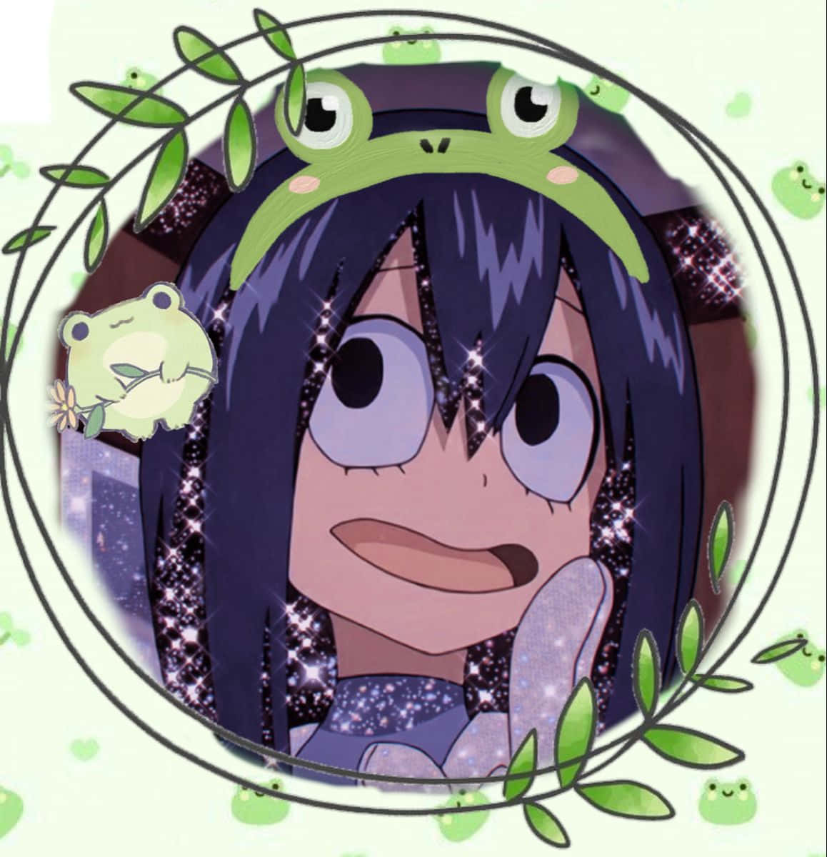 Froppy 桌布 壁紙 — 一個快樂的動漫女孩，紫色頭髮帶有閃亮髮絲，戴著青蛙頭帶，周圍環繞著綠葉和漂浮的青蛙。