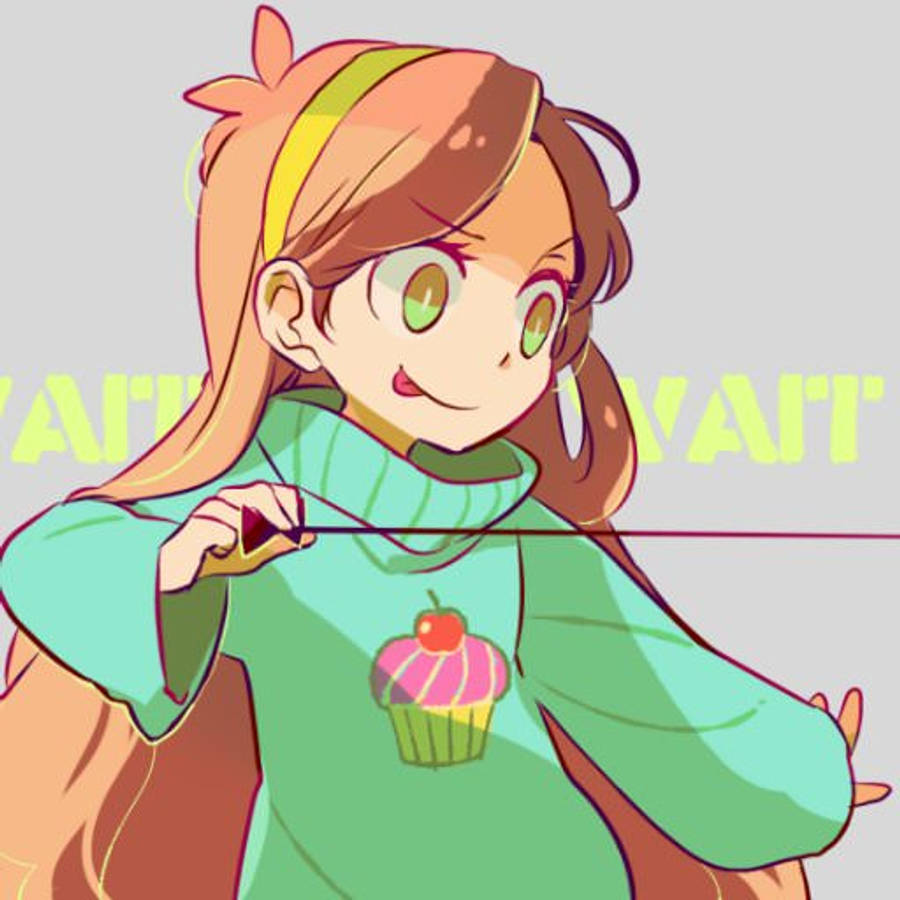 Mabel 桌布 壁紙 — 一個快樂的動漫女孩，綠色眼睛，穿著紙杯蛋糕毛衣，微笑著拿著一根繩子。