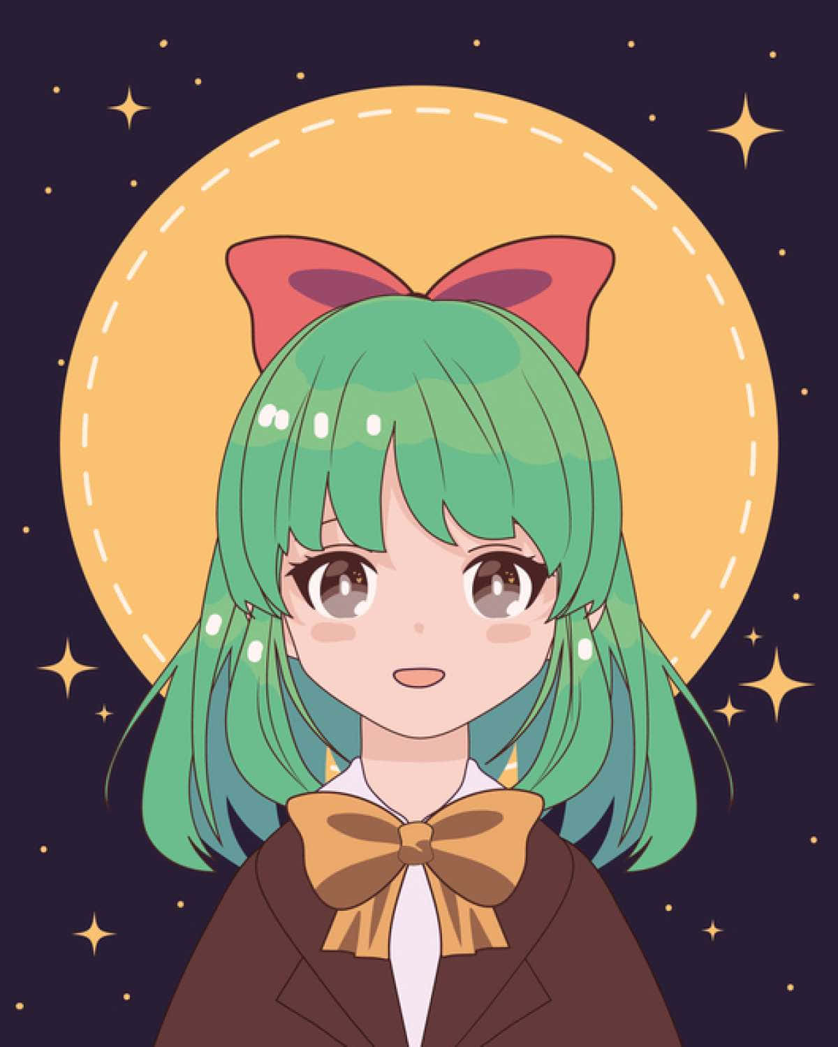 動漫 桌布 壁紙 — 一個快樂的動漫女孩，綠色頭髮和紅色蝴蝶結，站在發光的黃色月亮和閃爍的星星前。