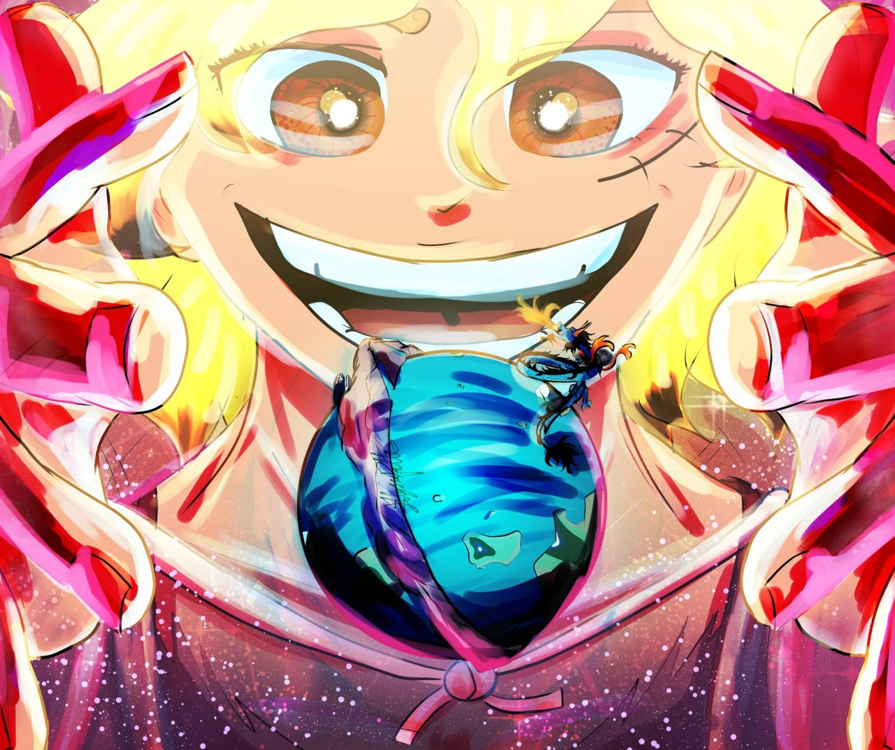 World 桌布 壁紙 — 一個快樂的動漫女孩，金髮，咧嘴大笑，手持一個發光的藍色球體，裡面有一個小人物。