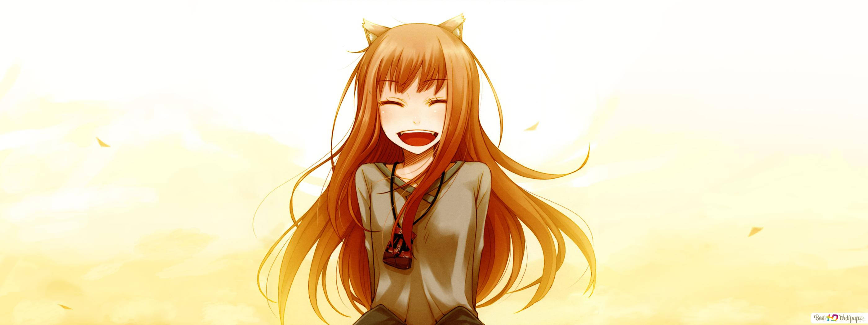 Smile 桌布 壁紙 — 一個快樂的動漫女孩，長著橙色長髮和貓耳朵，在柔和的金色背景下開懷大笑。