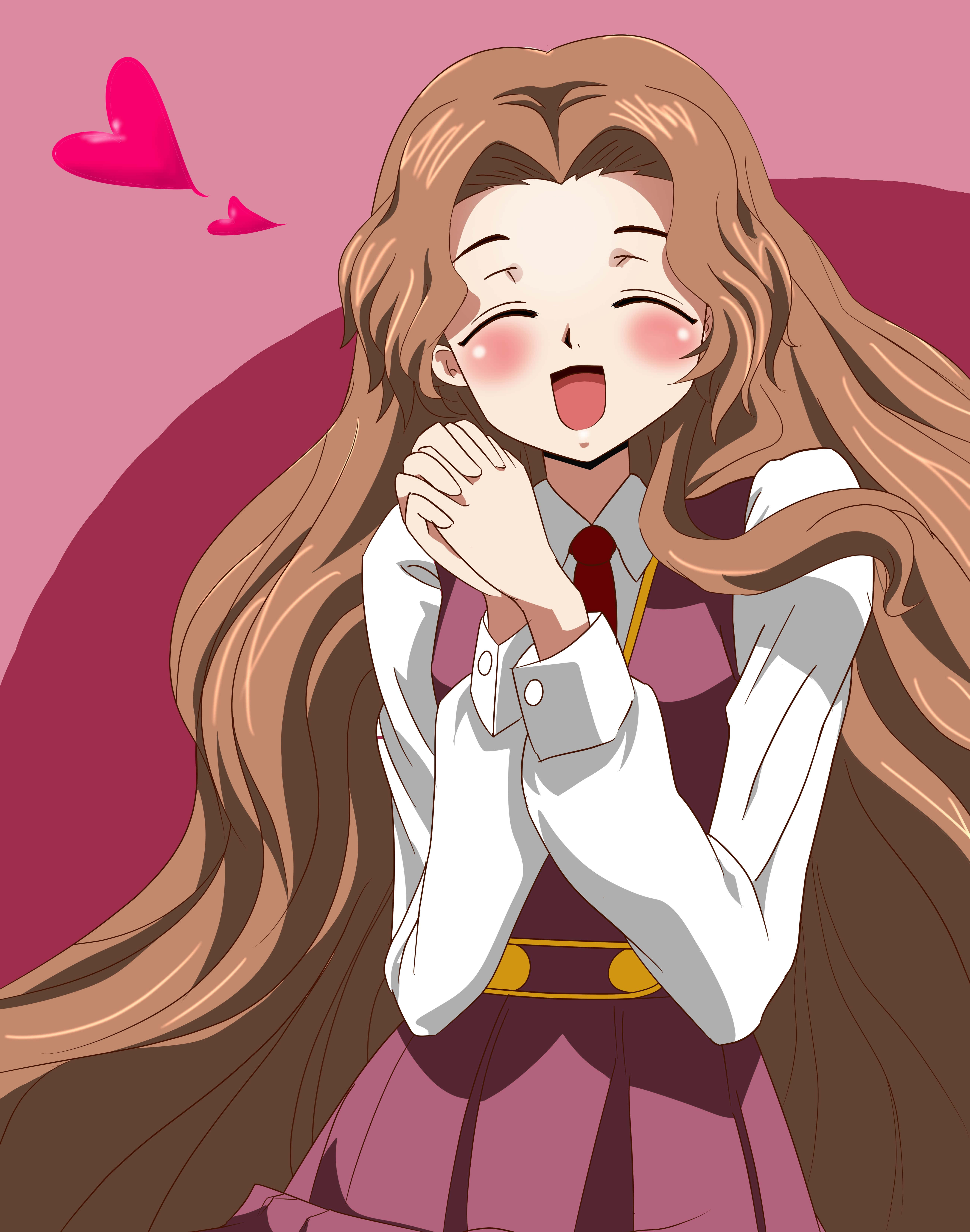 Nunnally Lamperouge 桌布 壁紙 — 一個快樂的動漫女孩，長長的棕色頭髮和玫瑰色的臉頰，穿著校服，在粉紅色背景上微笑，周圍漂浮著愛心。