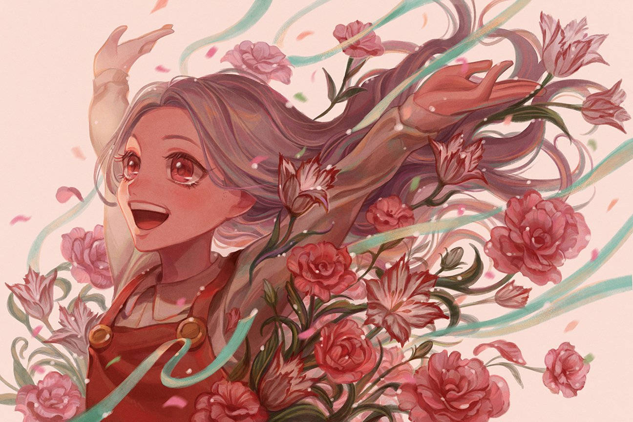 動漫女孩 桌布 壁紙 — 一個快樂的動漫女孩，長髮飄逸，身穿紅色吊帶褲，被盛開的粉紅色花朵和旋轉的絲帶環繞，背景是柔和的粉彩。
