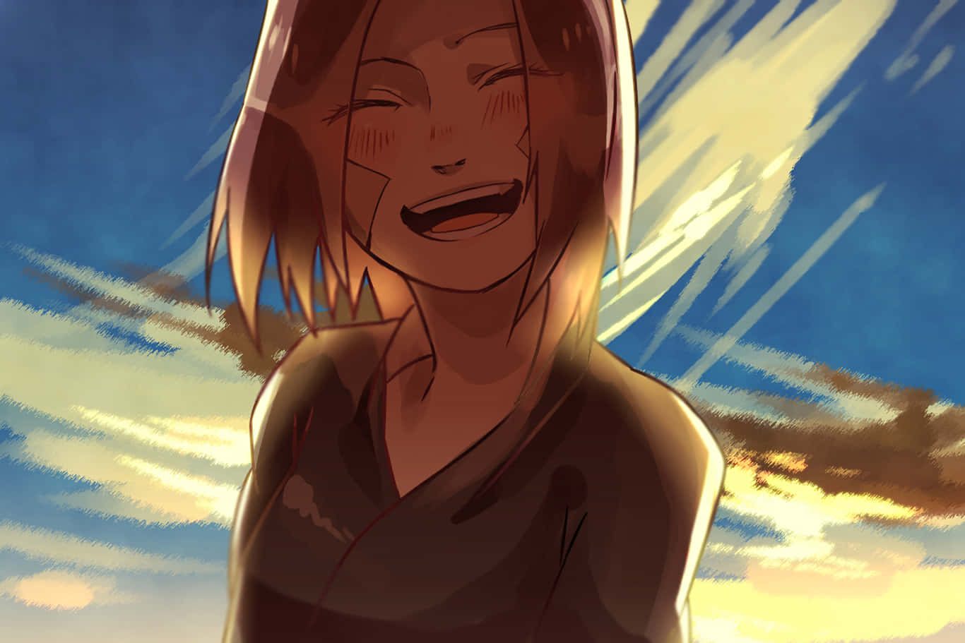 Rin Nohara 桌布 壁紙 — 一個快樂的動漫女孩在充滿金色光芒的鮮豔日落天空下燦爛地笑。