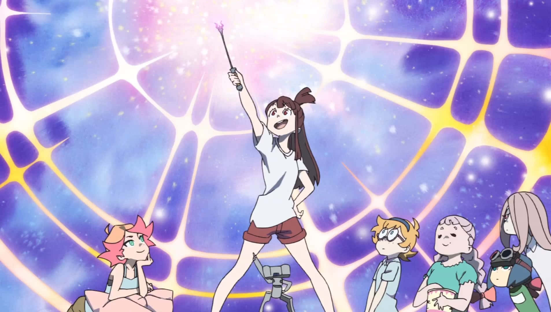 動漫女孩 桌布 壁紙 — 一個快樂的動漫女孩在閃爍的宇宙網格中舉起發光的魔杖，朋友們在下方觀看。