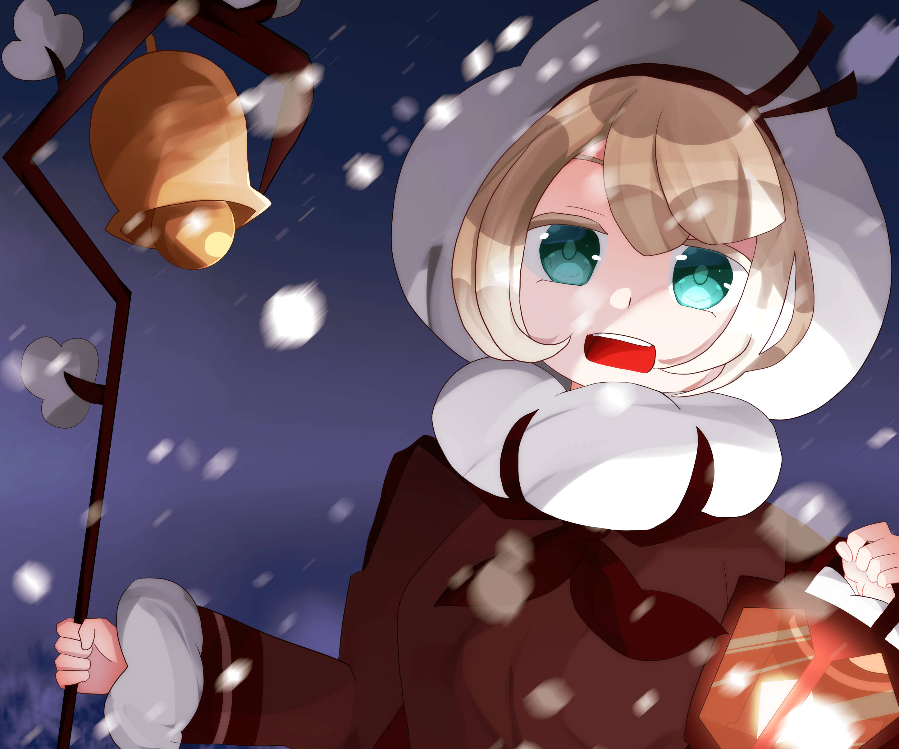電玩遊戲 桌布 壁紙 — 一個快樂的動漫女孩穿著冬季裝備，在鈴鐺照亮的夜空下，雪花飄落時手持發光的燈籠。
