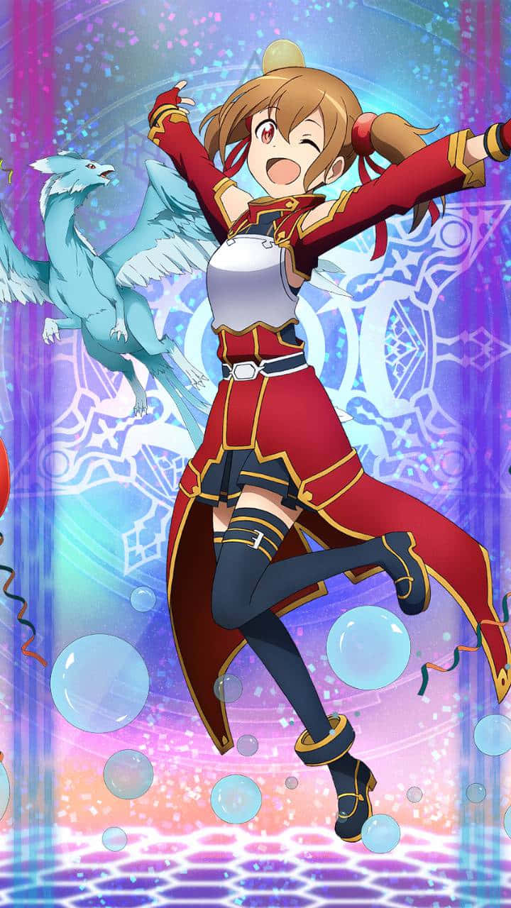 Sword Art Online Silica 桌布 壁紙 — 一個快樂的動漫女孩穿著紅色盔甲，張開雙臂，在閃閃發光的魔法背景旁，與一條發光的藍色龍一起跳躍。