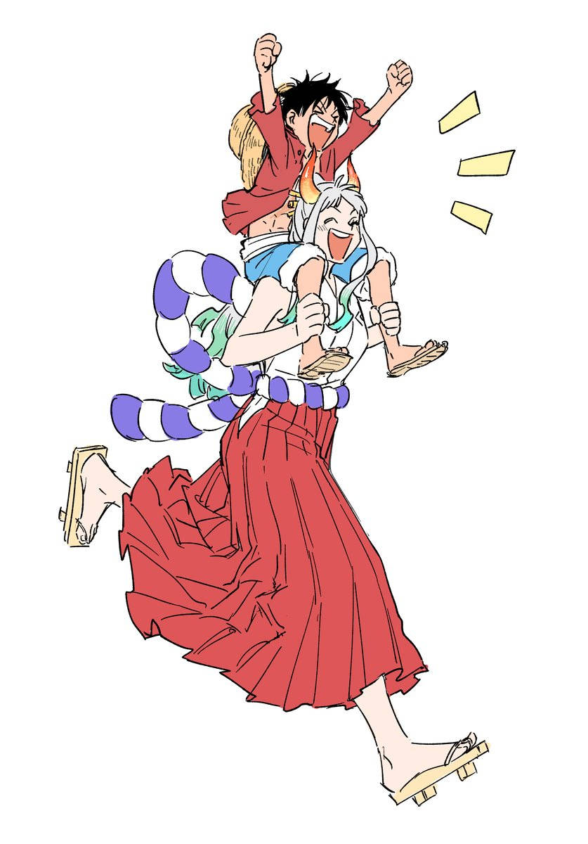 Luffy 桌布 壁紙 — 一個快樂的動漫女孩穿著紅色裙子，背著一個歡呼的男孩，他們帶著動態動作線條在空中跳躍。