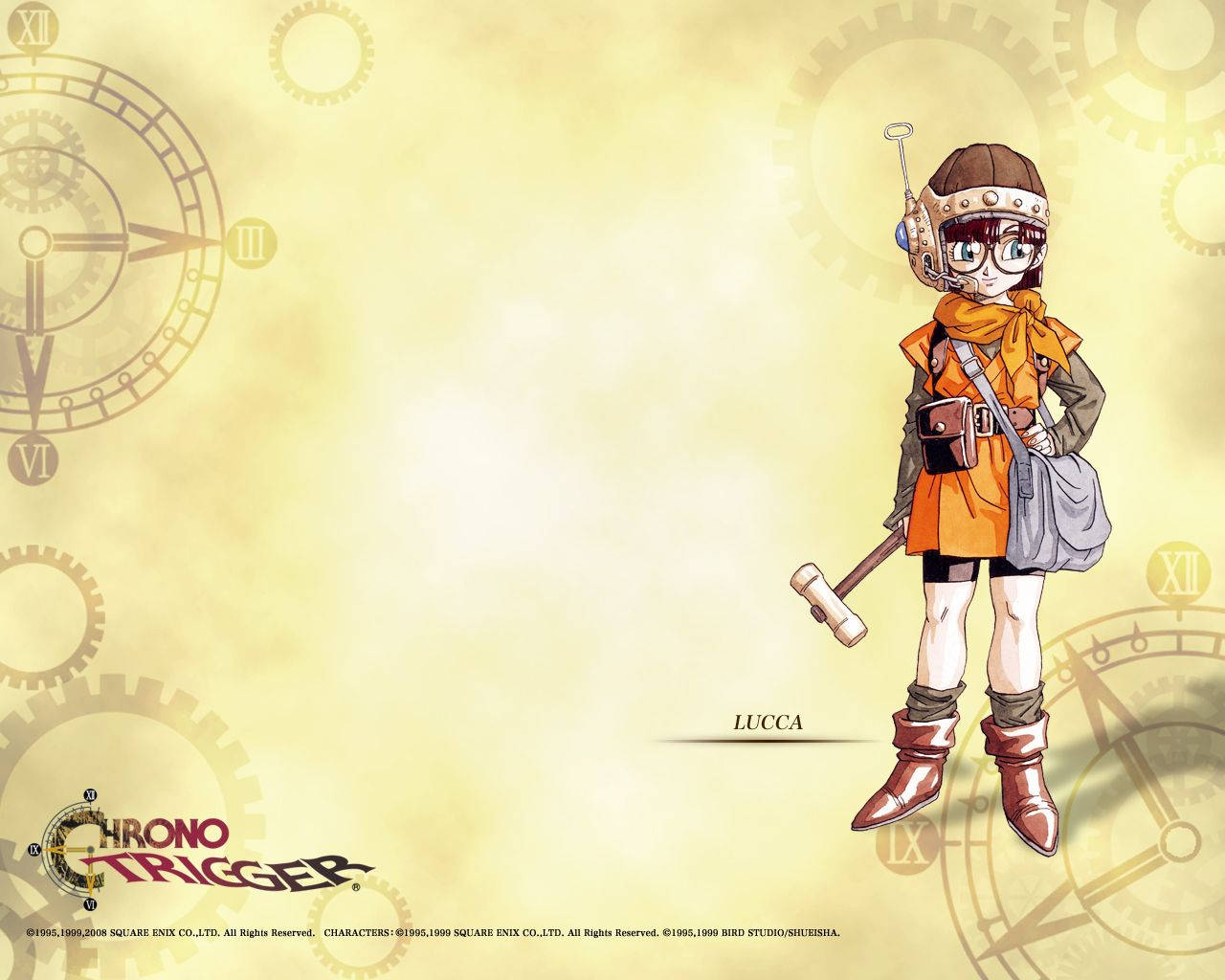Chrono 桌布 壁紙 — 一個快樂的動漫女孩穿著蒸氣龐克裝備，在浮動齒輪和鐘面的背景下拿著錘子。