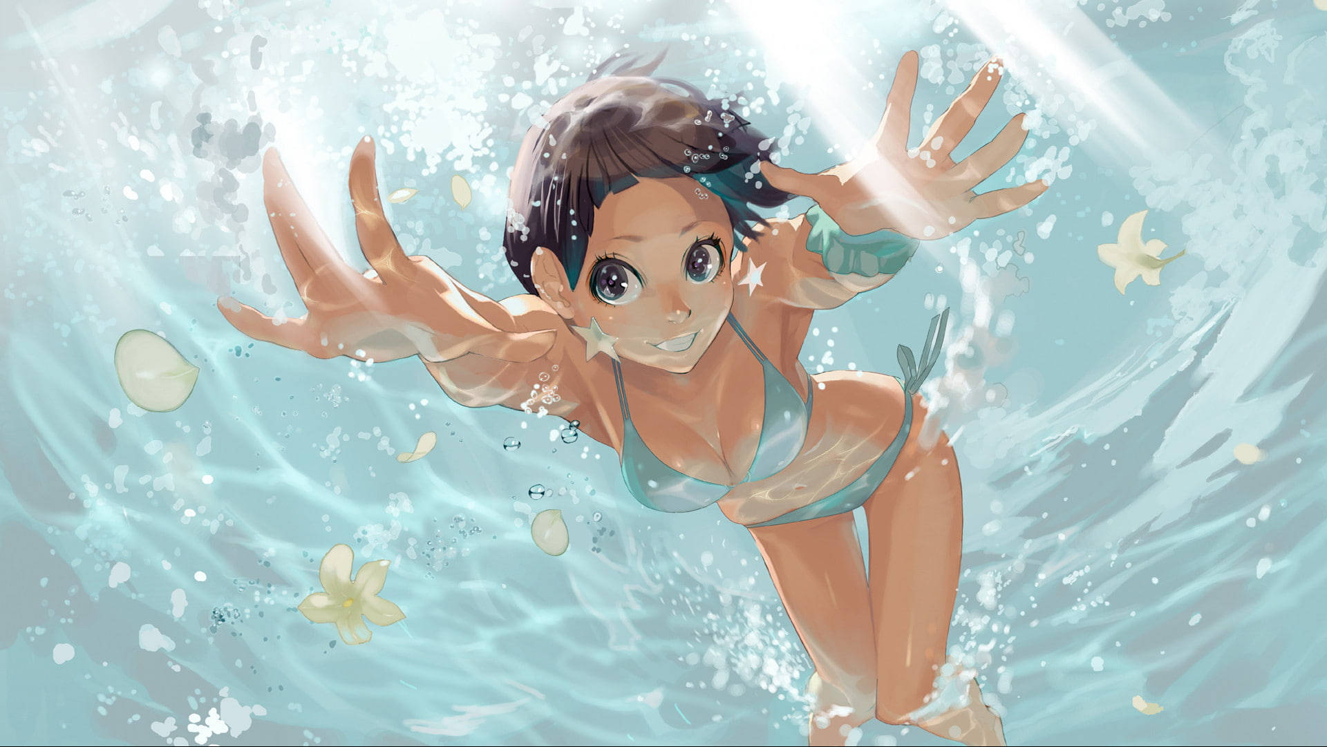 Sexy Anime 桌布 壁紙 — 一個快樂的動漫女孩穿著青綠色比基尼，在閃閃發光的青綠色水中潛水，周圍漂浮著黃色花朵。