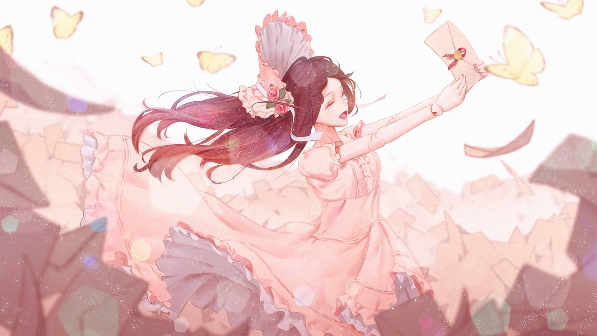 anime dance 桌布 壁紙 — 一個快樂的動漫女孩穿著飄逸的粉紅色連衣裙，在柔和粉彩光中伸手觸碰飛舞的蝴蝶。