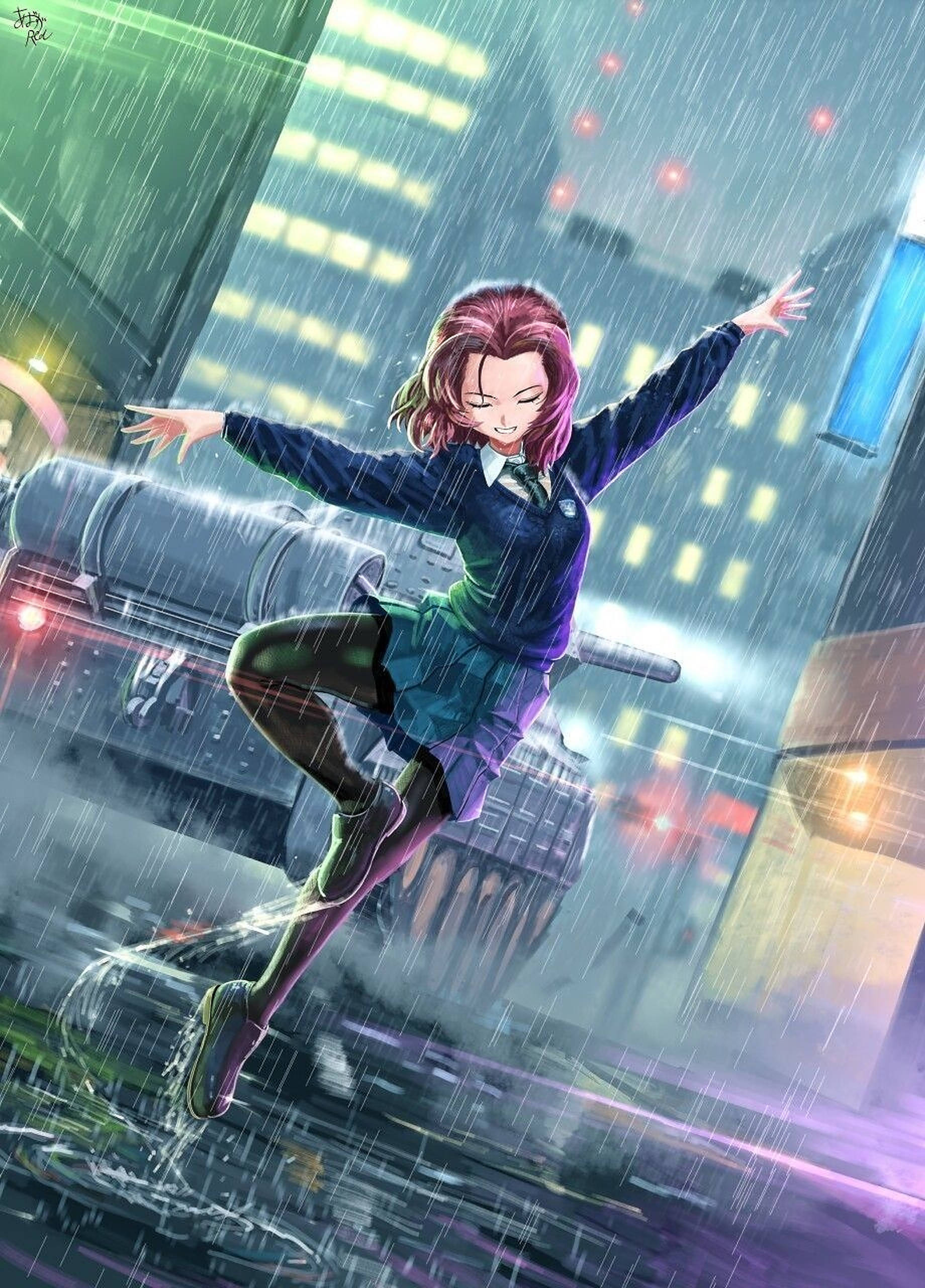 anime dance 桌布 壁紙 — 一個快樂的動漫女學生穿著校服，在夜晚霓虹燈照亮的城市街道上跳過大雨。