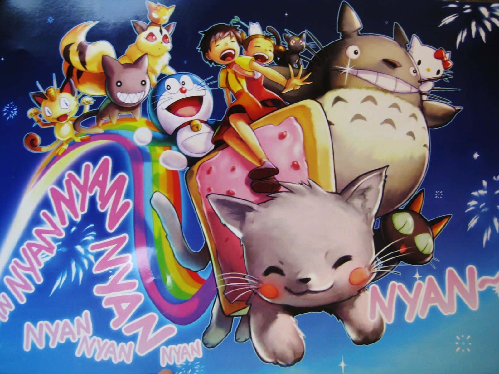 Hello Kitty 桌布 壁紙 — 一個快樂的動漫拼貼畫，貓咪和角色騎著彩虹，帶有 'nyan' 文字，背景是星空夜空。