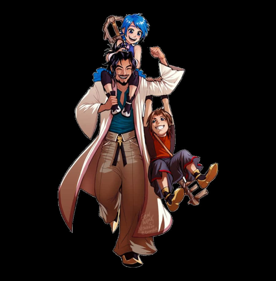 Kingdom Hearts Terra 桌布 壁紙 — 一個快樂的動漫男人抱著兩個微笑的孩子，一個在他的肩膀上，一個在他的臀部上，背景是黑色。