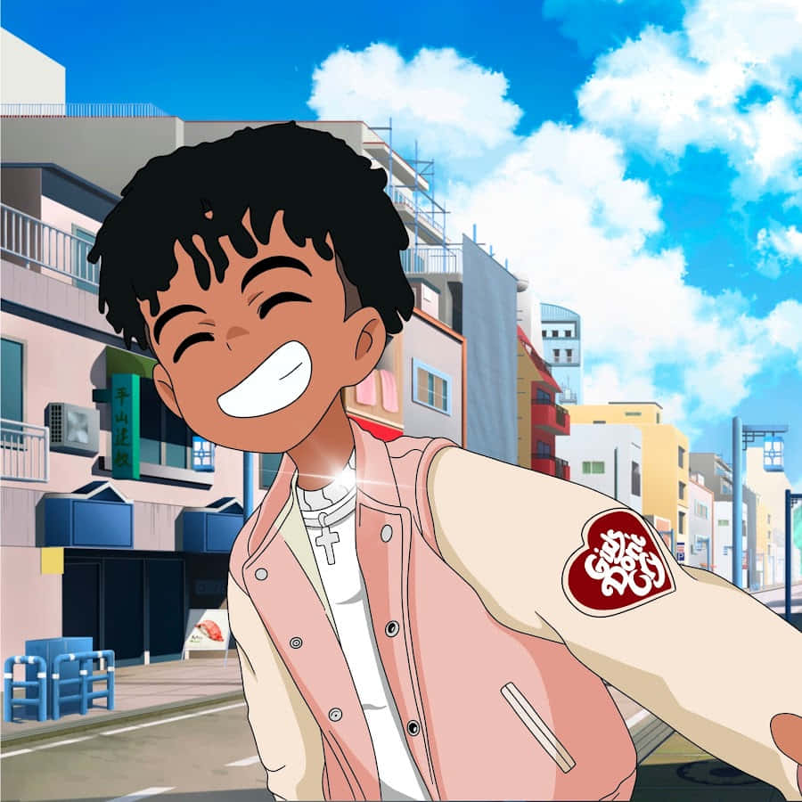 Prettyboyfredo 桌布 壁紙 — 一個快樂的動漫男孩，捲曲的頭髮，在陽光明媚的藍天下，在色彩繽紛的城市街道上開懷大笑。