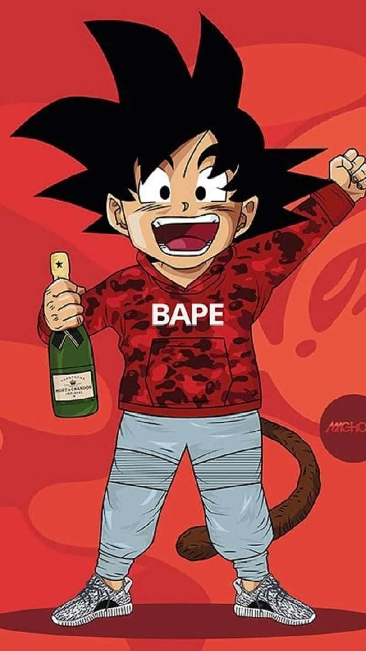 桌布 壁紙 — 一個快樂的動漫男孩，有著刺刺的黑髮，在鮮紅色的背景前，穿著紅色BAPE連帽衫，手持香檳瓶。