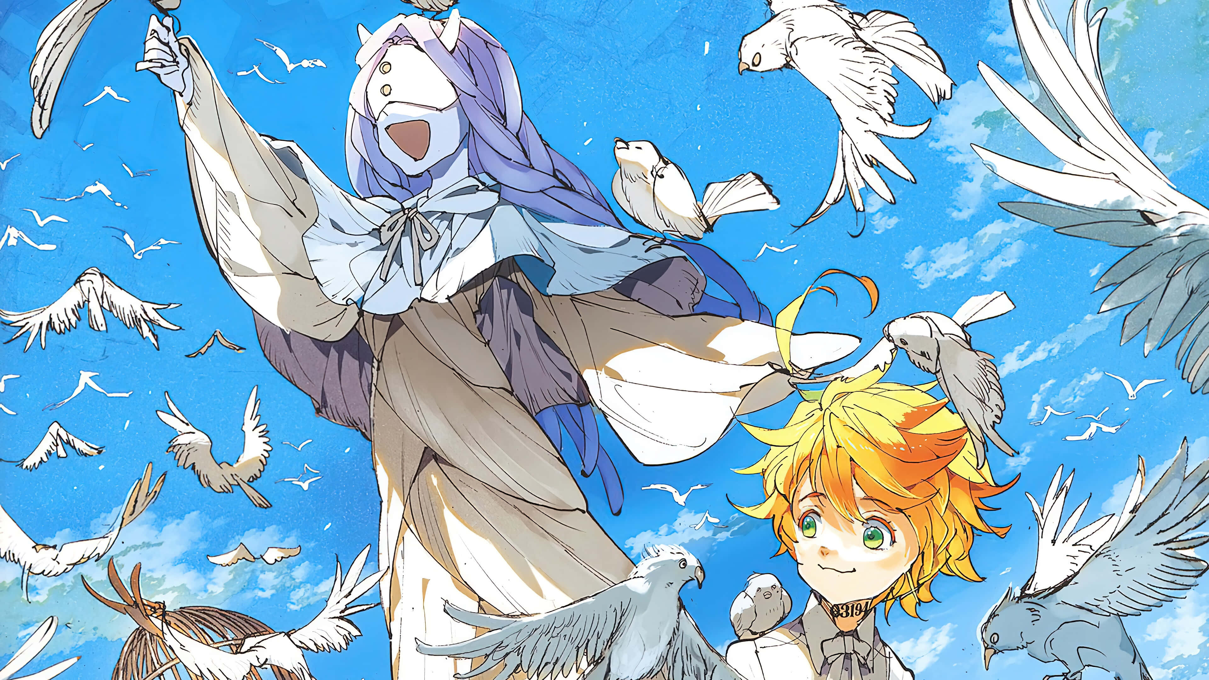 Promised Neverland 桌布 壁紙 — 一個快樂的動漫男孩，橙色頭髮，一個戴面具的人物穿著飄逸長袍，站在一群白鳥中，背景是明亮的藍天。