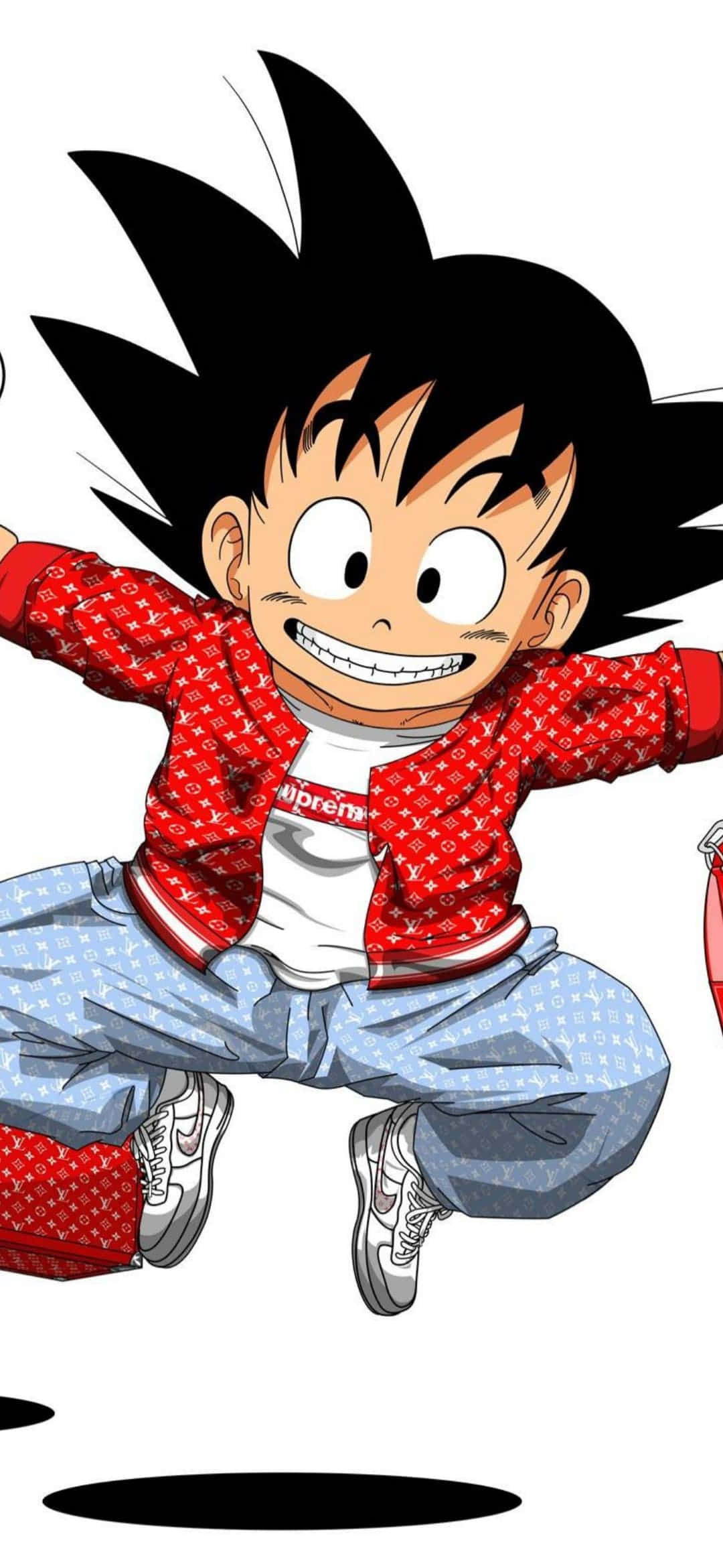 kid goku 桌布 壁紙 — 一個快樂的動漫男孩，黑色刺蝟頭，身穿紅色圖案外套和藍色牛仔褲，在純白背景上躍起。