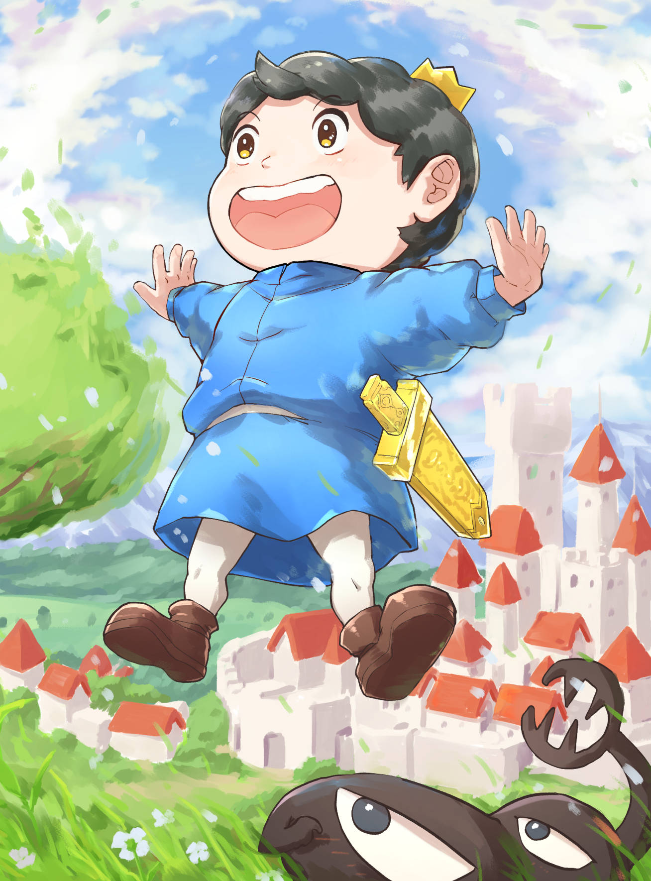 Ranking 桌布 壁紙 — 一個快樂的動漫男孩穿著藍色長袍，手持金色劍跳過城堡，而一個怪物從下面偷看。