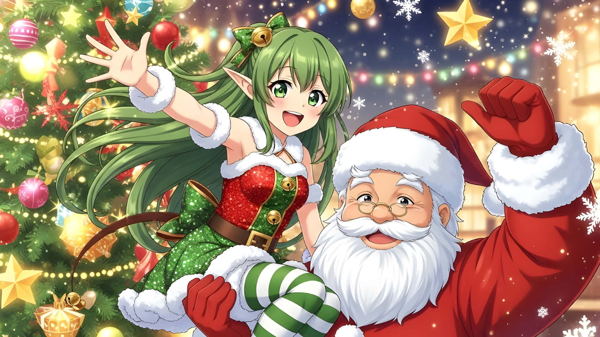 Anime Santa and Elf Girl Celebrate Christmas Joy 壁紙 — 一個快樂的動漫精靈女孩，綠色頭髮，聖誕老人姿勢，愉快地站在閃爍燈光下裝飾的聖誕樹旁。