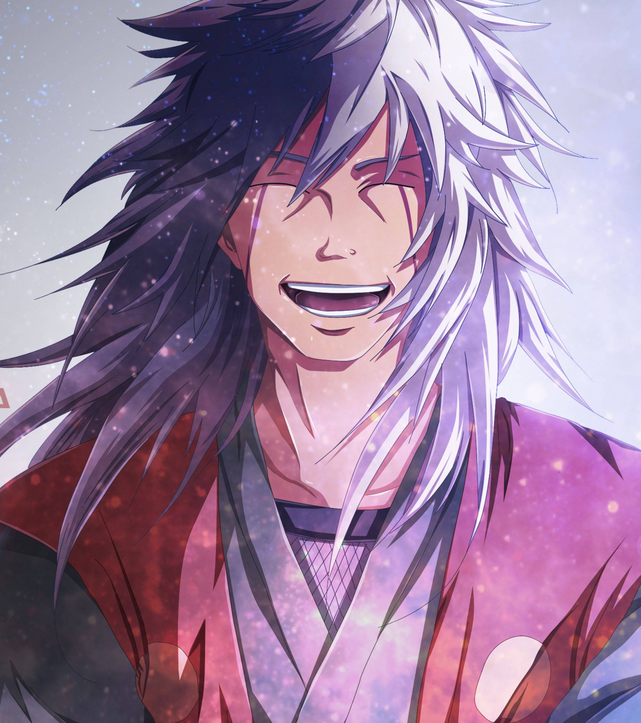 Jiraiya 桌布 壁紙 — 一個快樂的動漫角色，有著尖刺的銀色和紫色頭髮，在閃爍的宇宙背景下明亮地笑著。