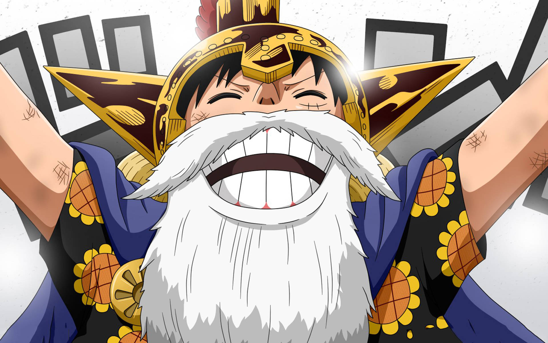 Luffy 桌布 壁紙 — 一個快樂的動漫角色，留著白鬍子，戴著金色頭盔，在風格化的背景前高舉雙臂大笑。