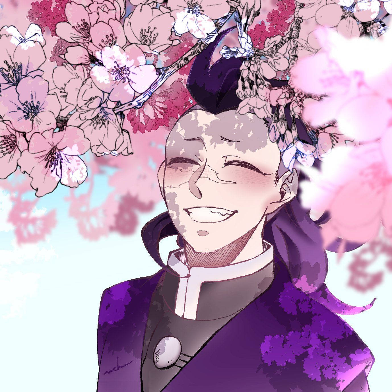 genya 桌布 壁紙 — 一個快樂的動漫角色，紫色頭髮和服裝，在柔和的天空下，在粉紅色的櫻花瀑布中微笑。